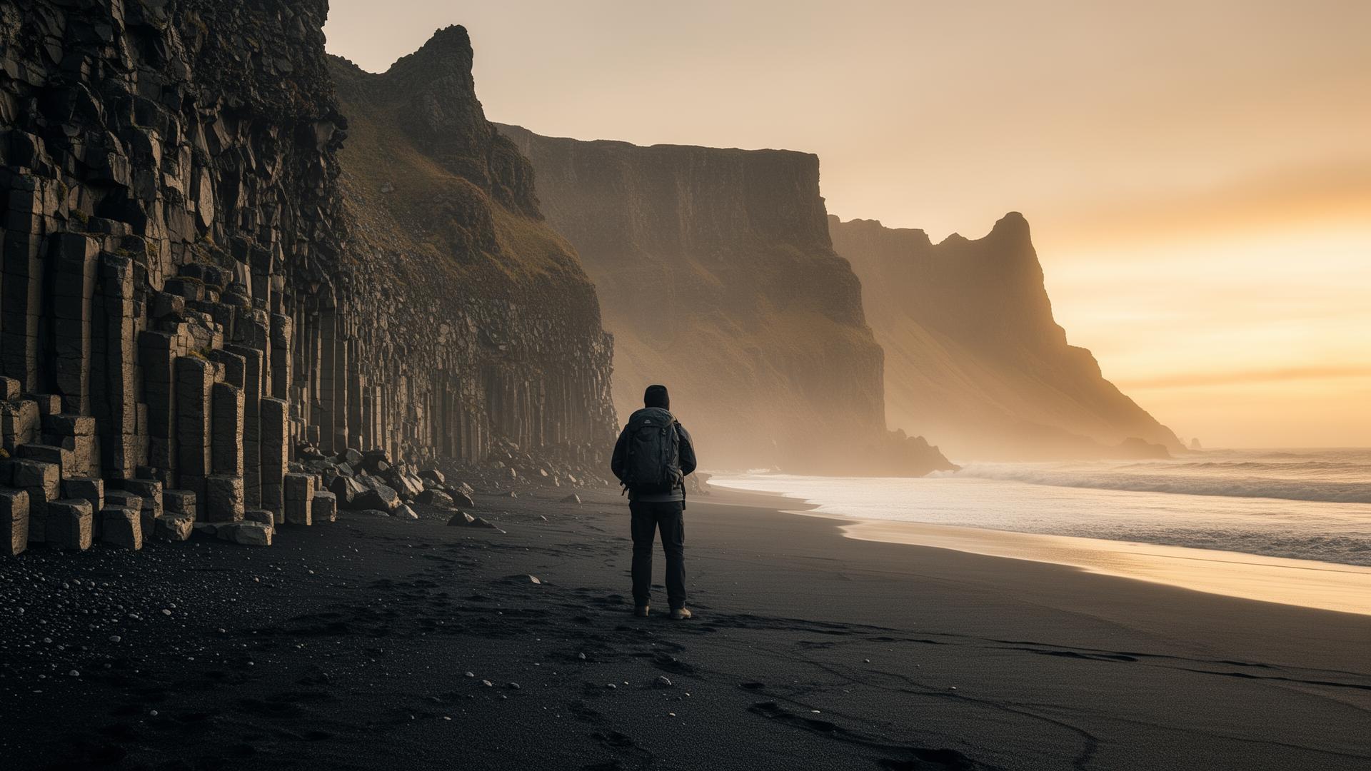 A traveller on a black sand beach beneath Icelandic cliffs at golden hour