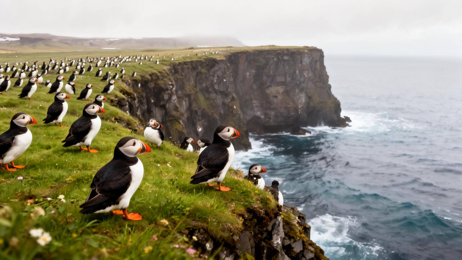 A puffin colony on green grassy sea cliffs in Iceland