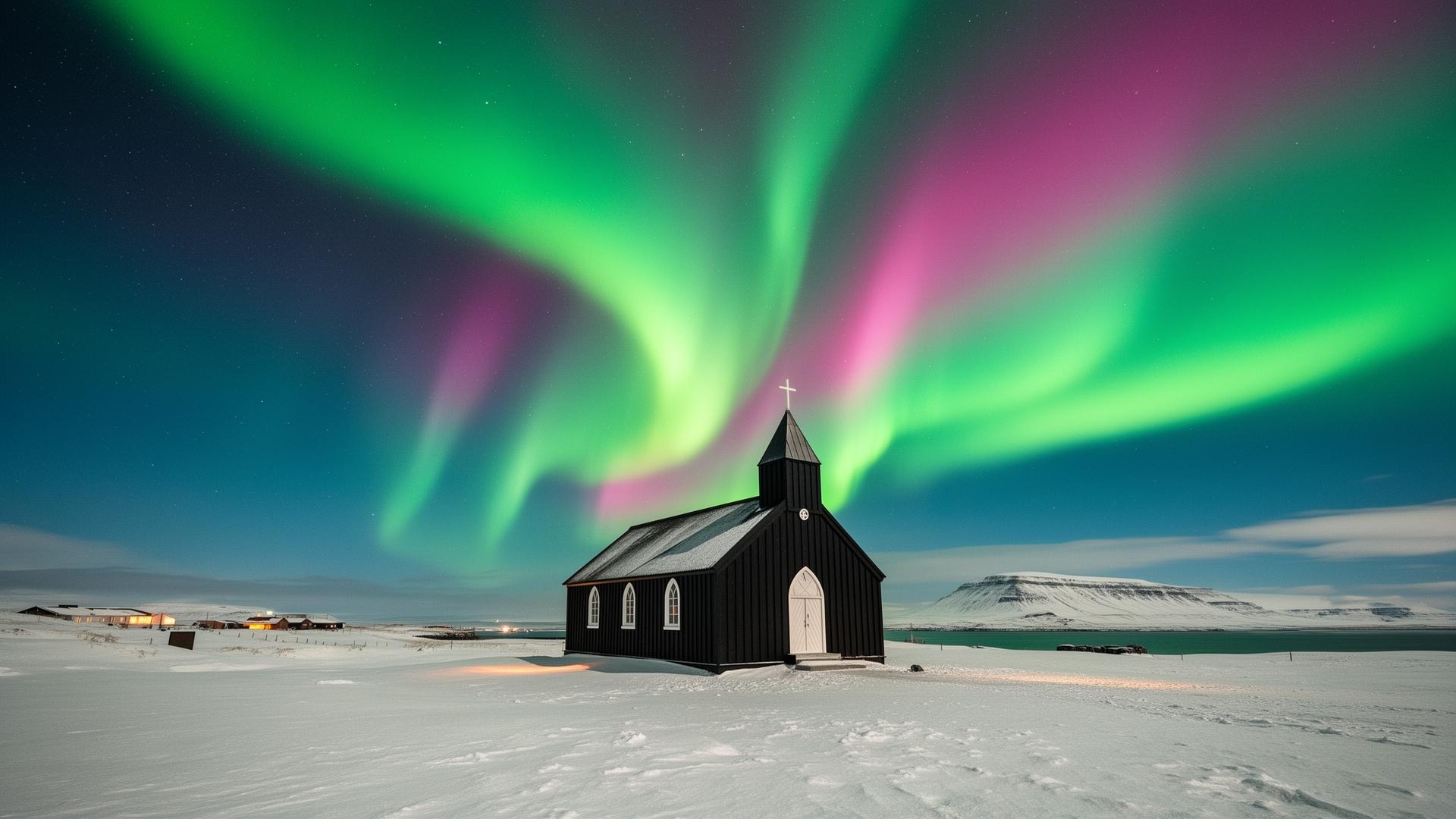 Northern lights swirling above a small black church in Iceland