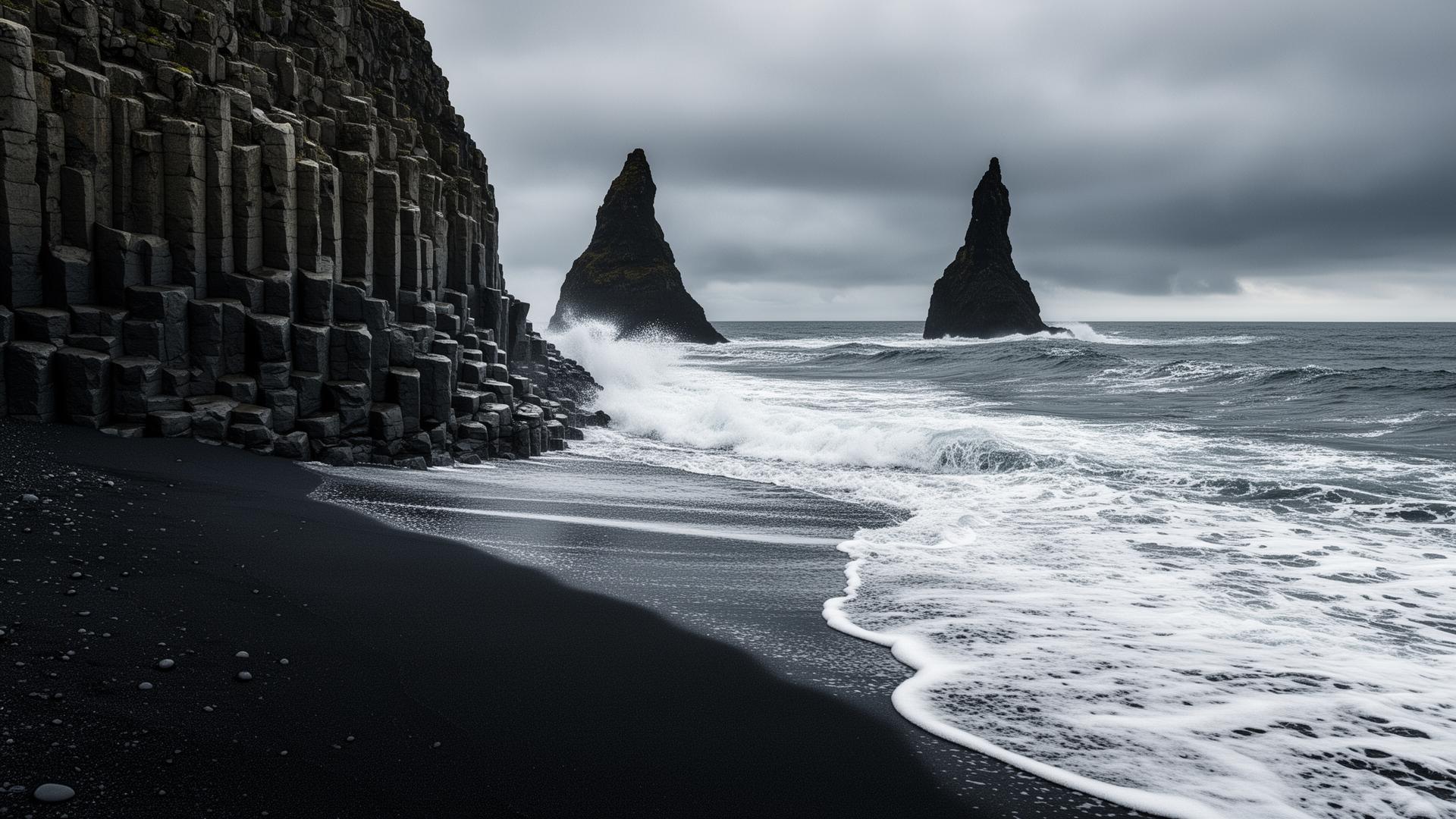 Black sand beach with basalt columns and sea stacks, Iceland