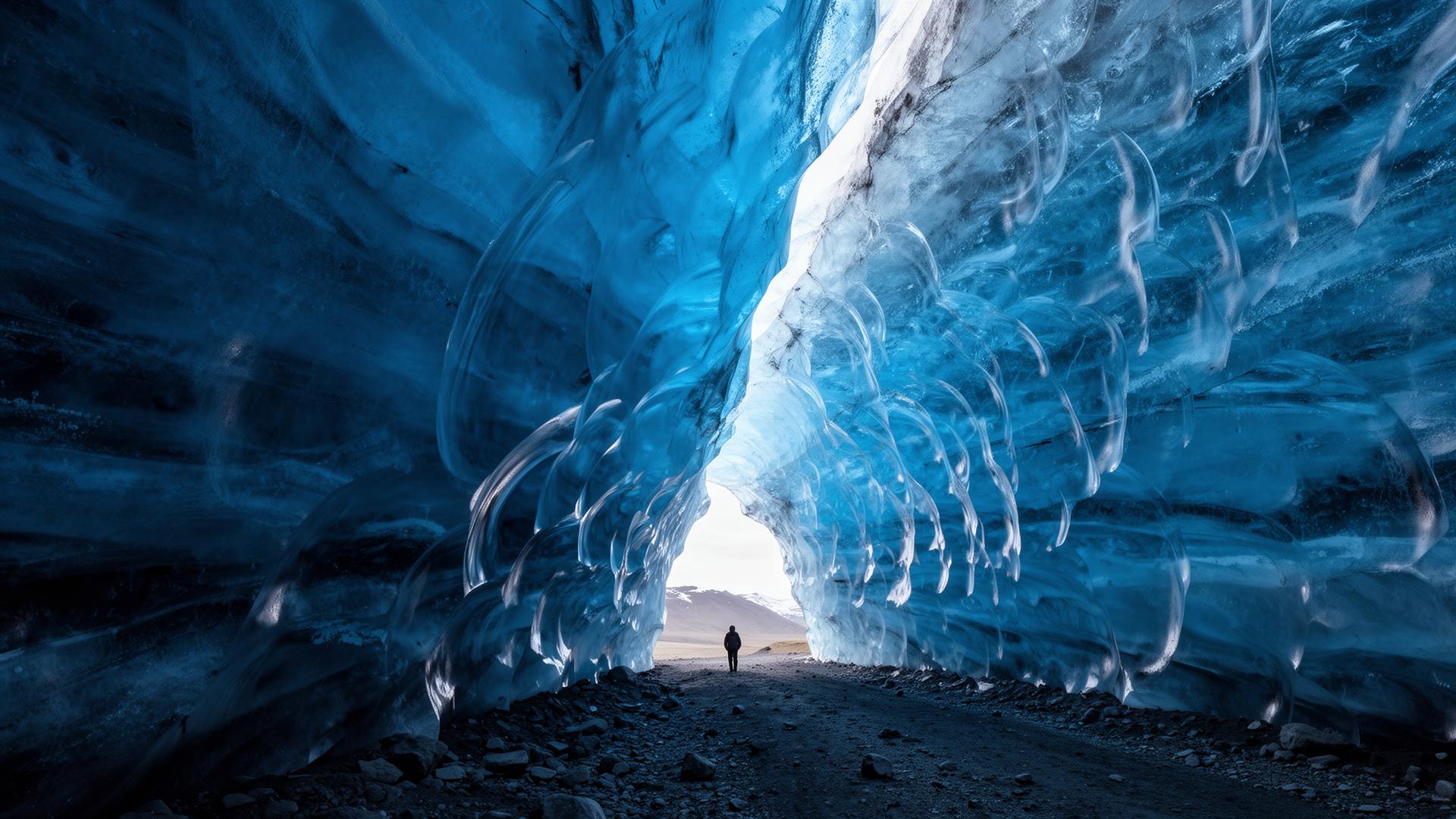 Interior of a blue glacial ice cave, Iceland