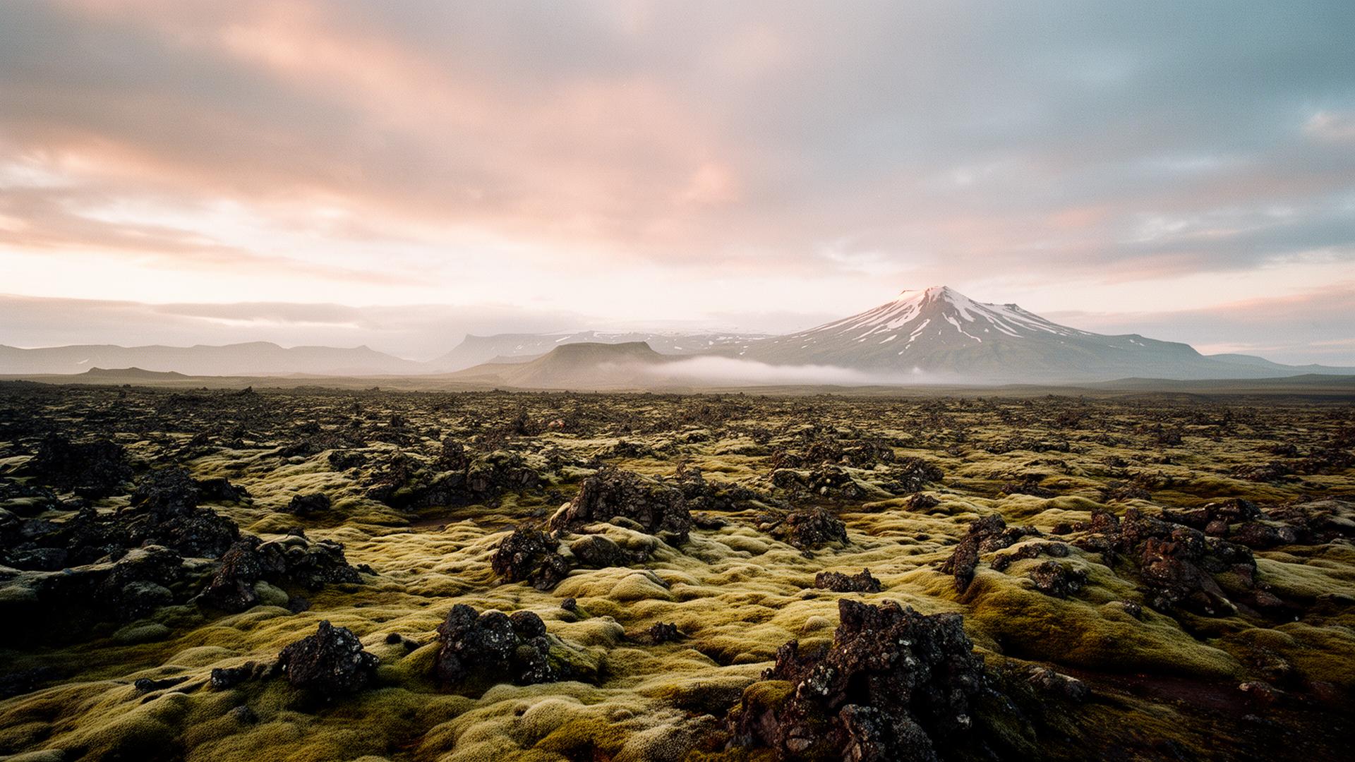 Moss-covered Icelandic lava field with a distant snow-capped volcano at golden hour