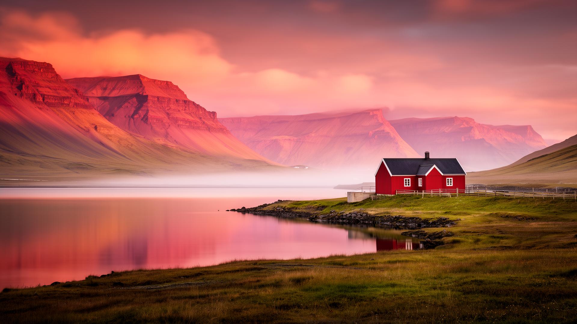 Red farmhouse beside a calm fjord at midnight, Iceland
