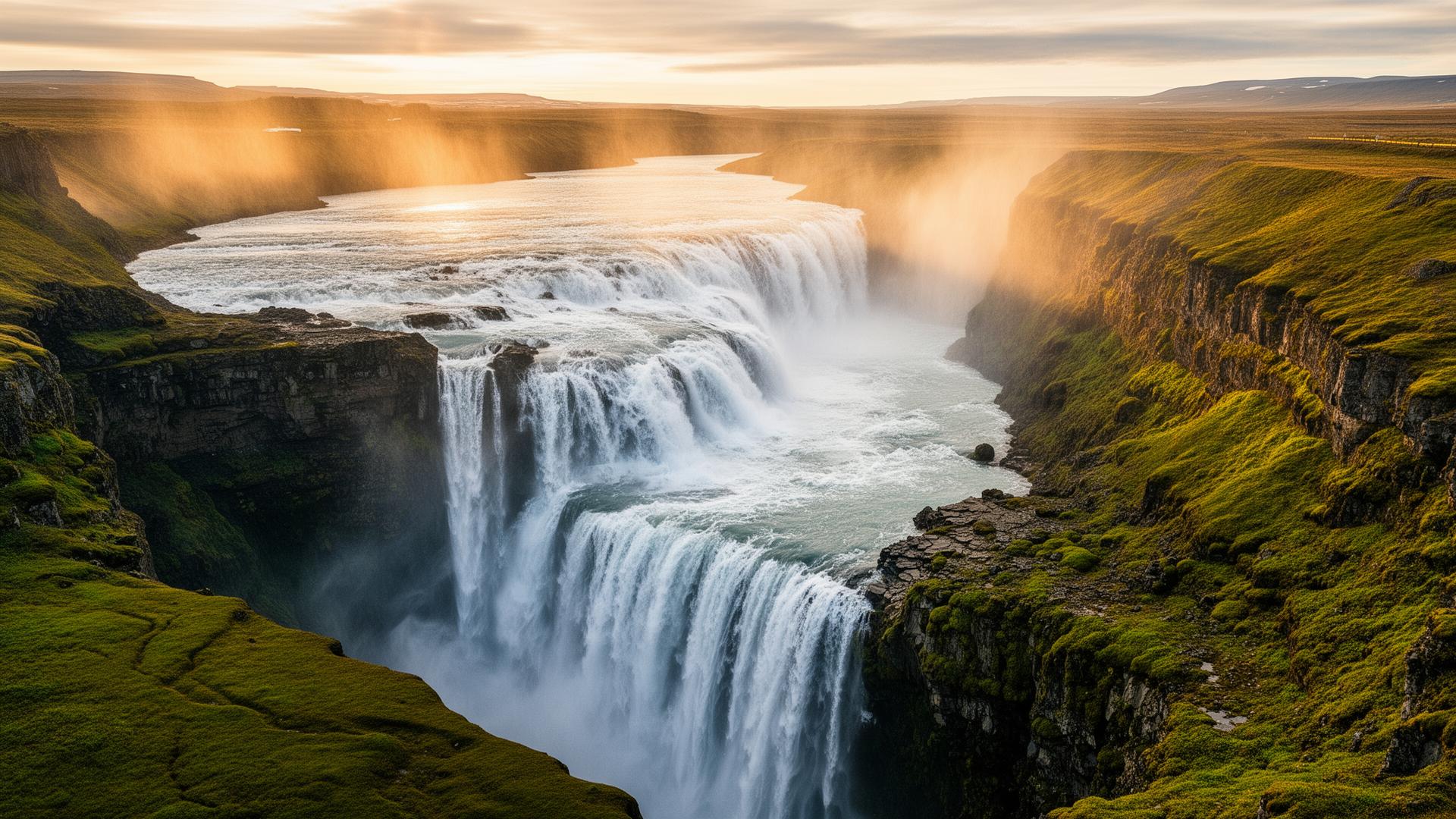 Gullfoss waterfall in golden afternoon light, Iceland