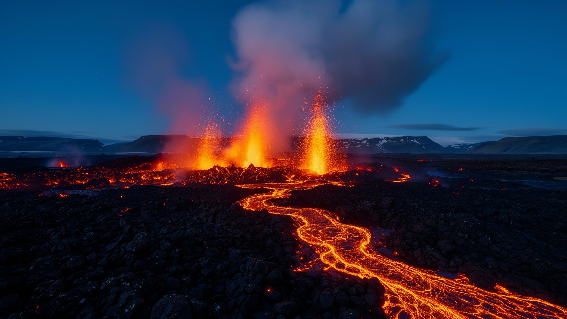 Glowing lava fountains and rivers at night, Iceland