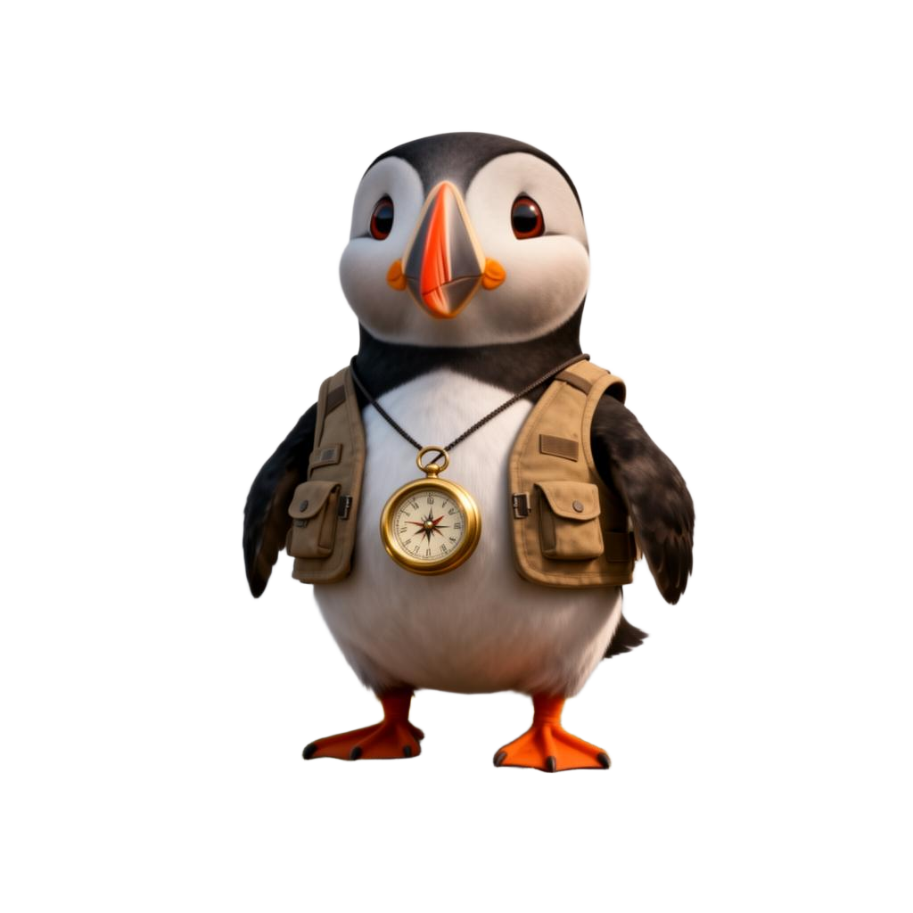 Puffin, our chief concierge, in an explorer vest with a brass compass